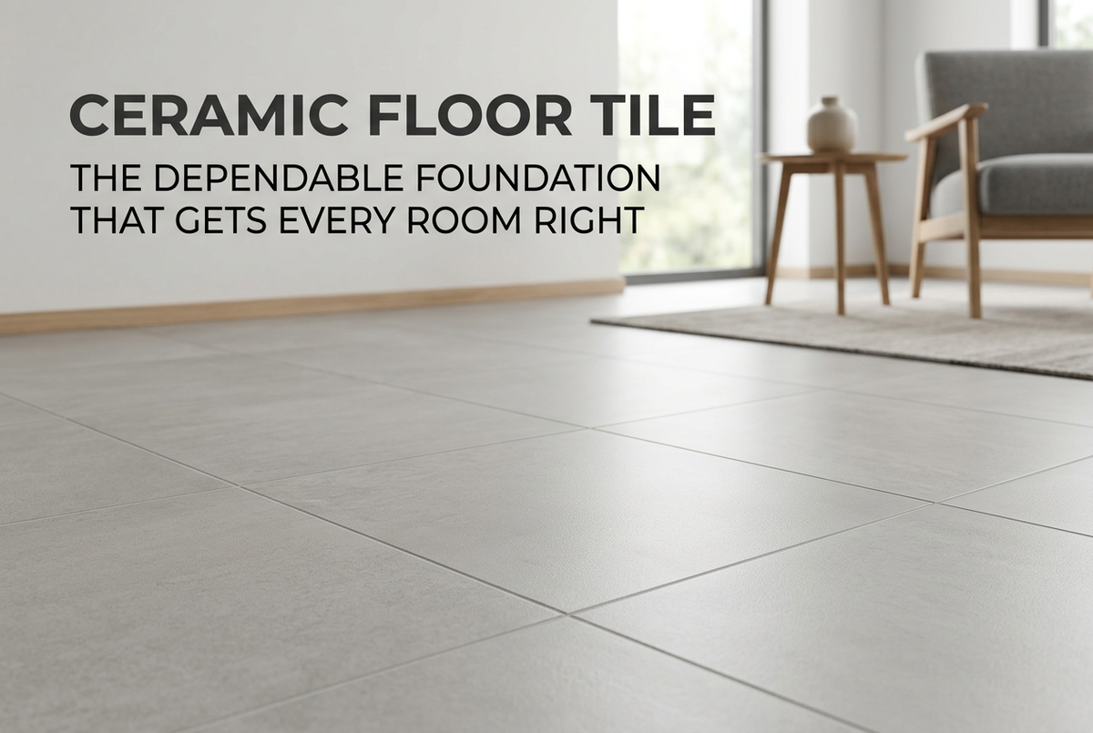 Modern living room with large-format ceramic floor tile in a light gray finish, highlighting durable flooring for contemporary homes.
