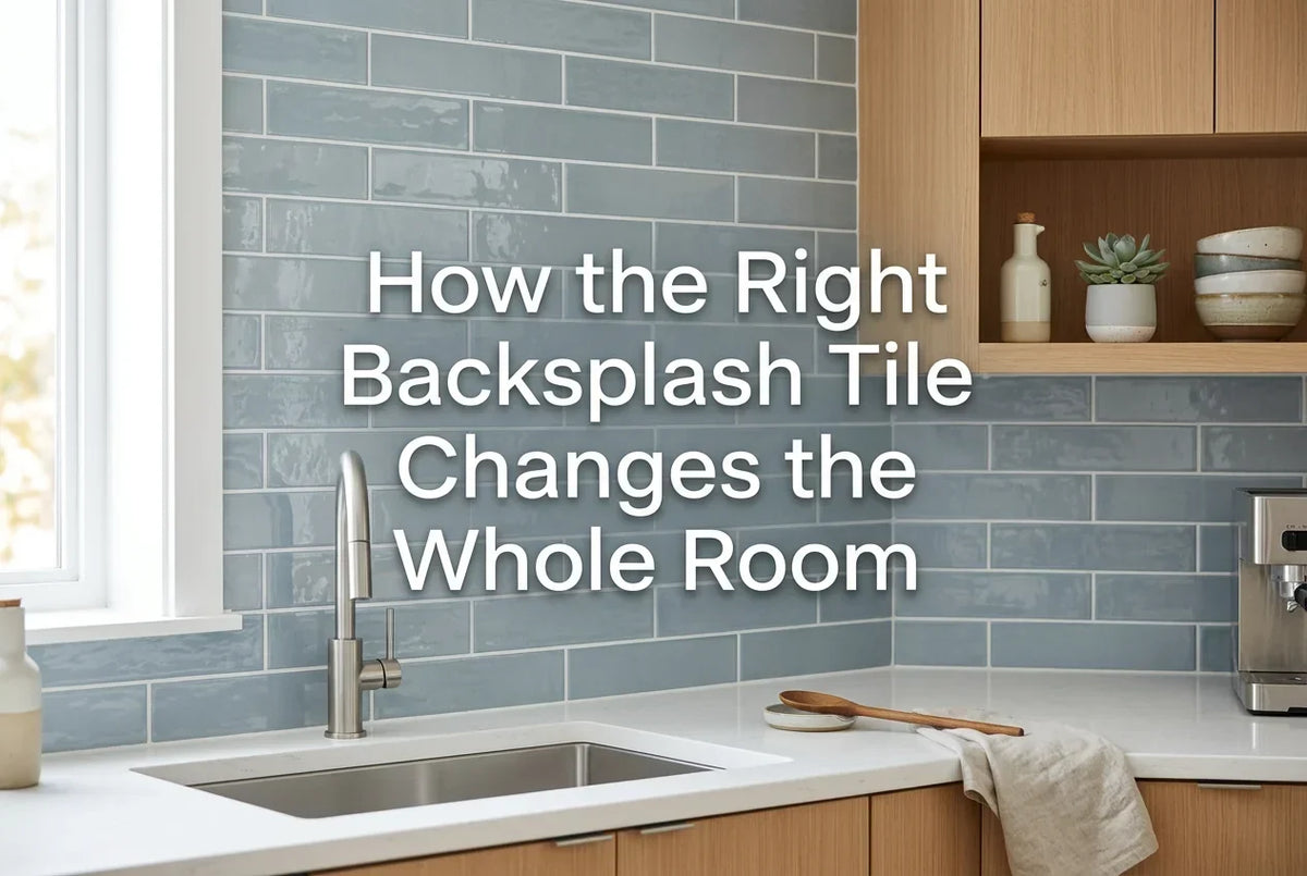 Modern kitchen featuring a glossy blue subway tile backsplash, white quartz countertops, and natural wood cabinets, showcasing how backsplash tile transforms a space.