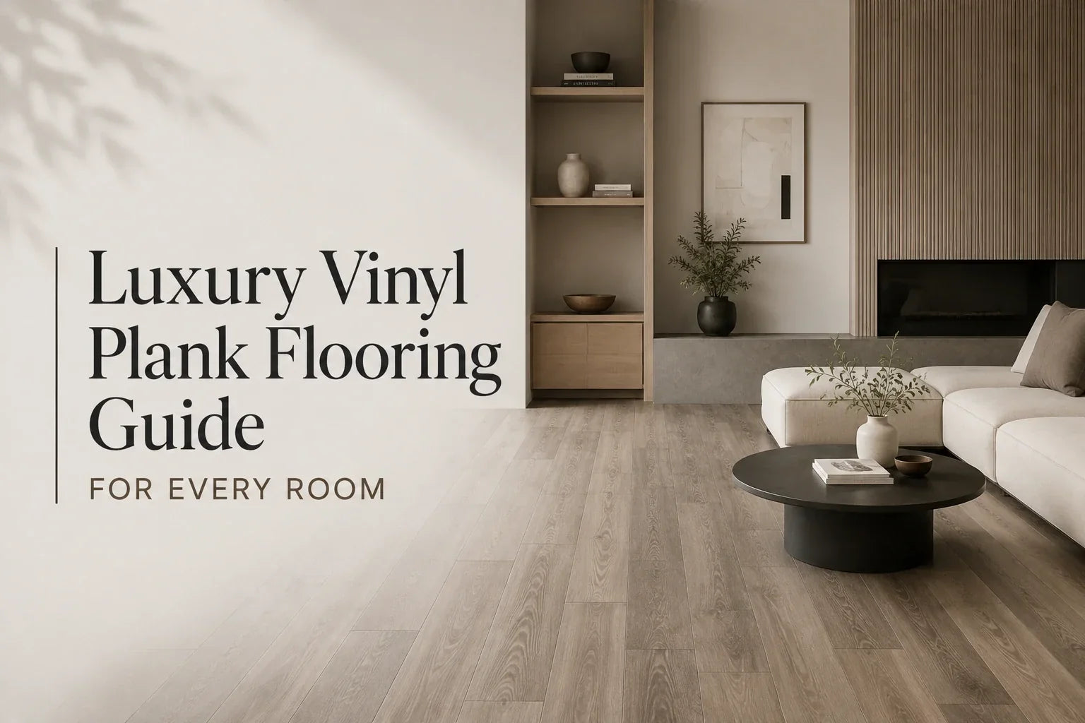 Modern living room featuring luxury vinyl plank flooring in a warm wood-look finish, neutral furnishings, and built-in shelving.