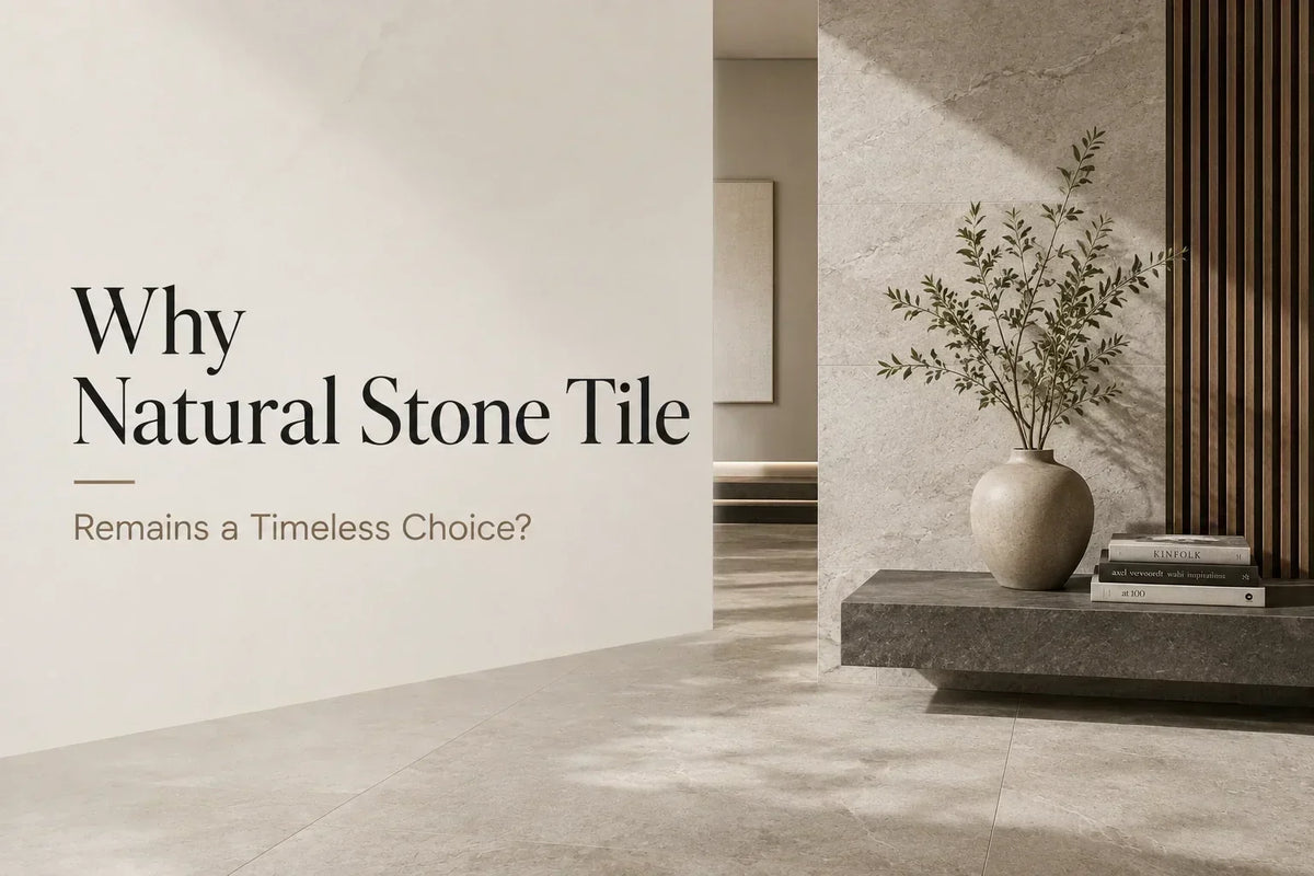 Modern interior featuring natural stone floor and wall tile with warm neutral tones, minimalist décor, and contemporary architectural design.