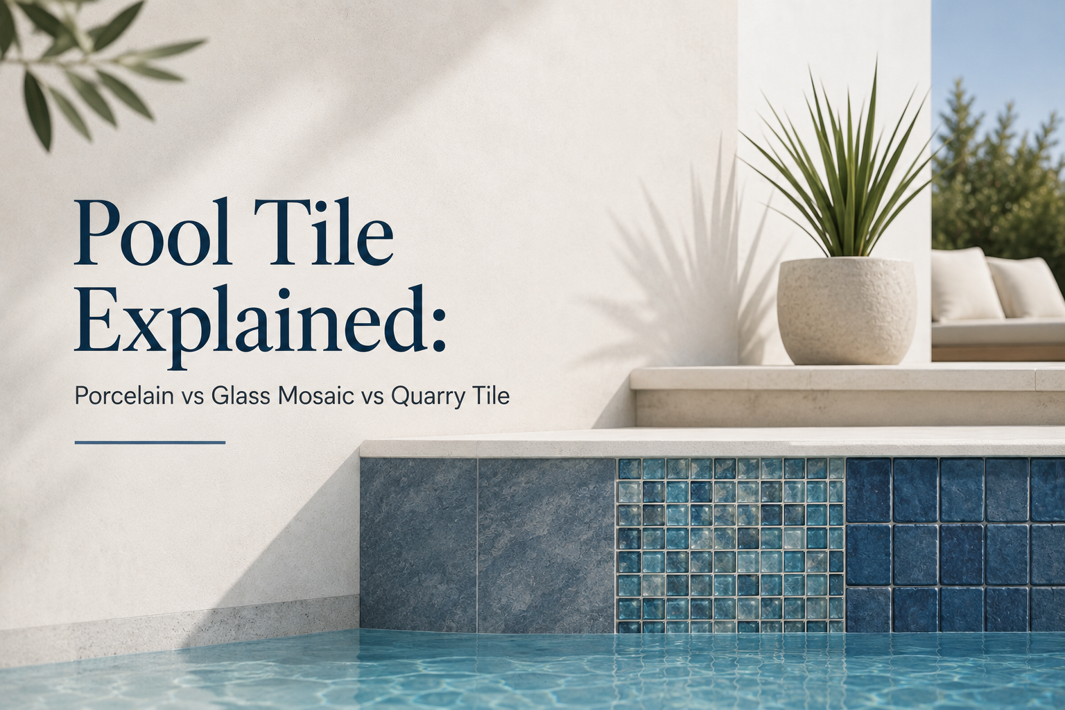 Modern swimming pool featuring blue mosaic tile, a tiled waterline, and travertine coping surrounded by a contemporary outdoor setting.
