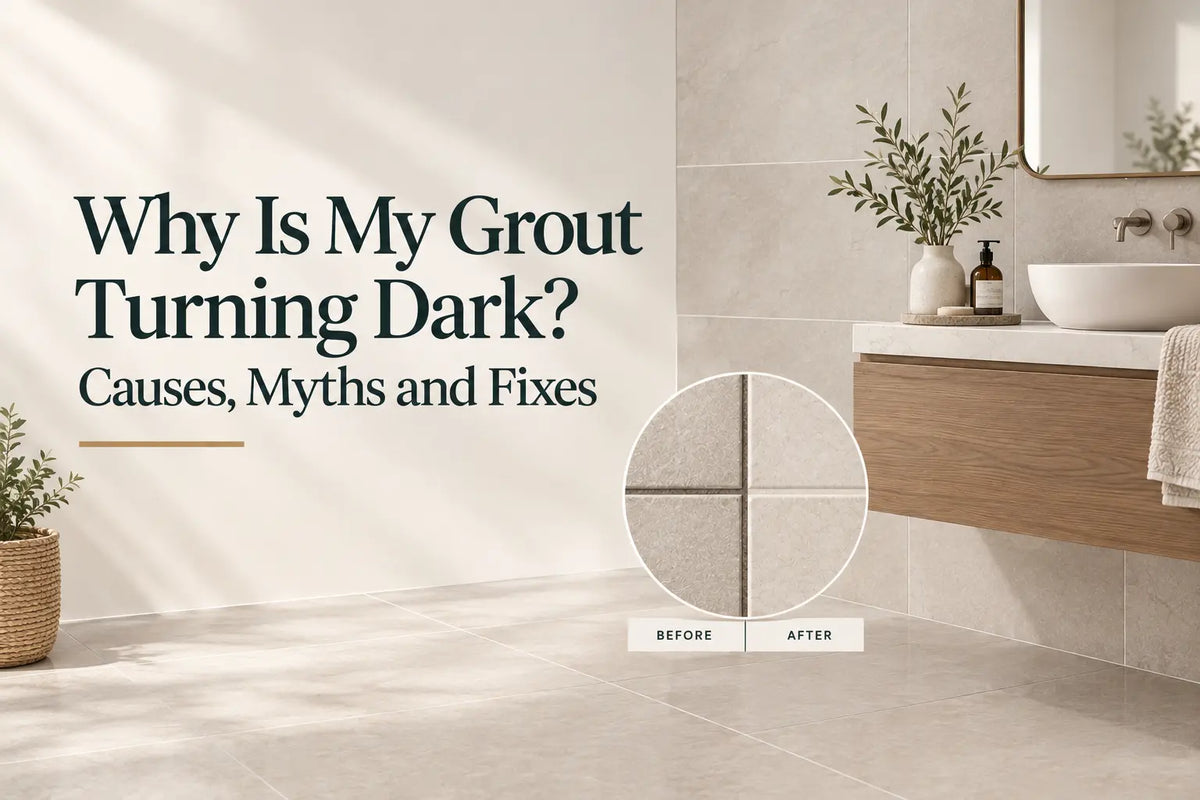 Modern bathroom interior with title text and inset before-and-after close-up showing dark versus clean tile grout lines.