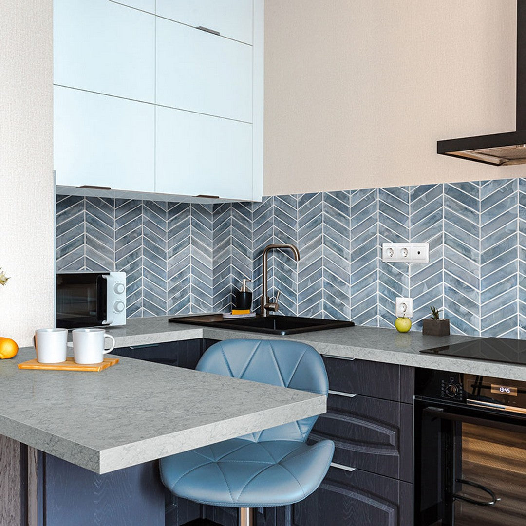 MS International Blue Shimmer 11.85" x 9.95" Glossy Glass Chevron Mosaic