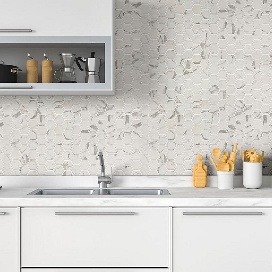 MS International Statuario Celano 11.9" x 11.9" Glossy Glass Hexagon 2" Mosaic