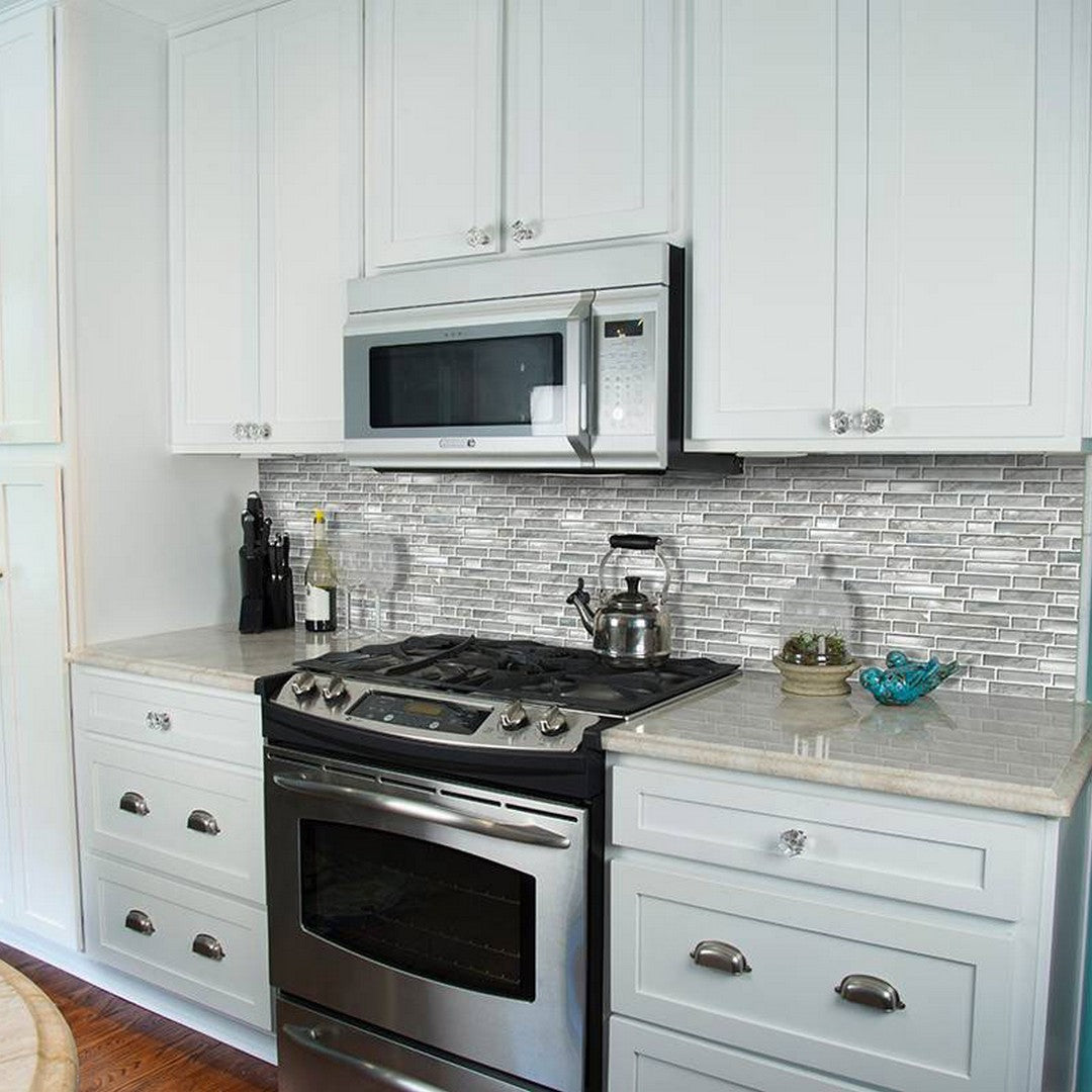 MS International Silver Canvas 12" x 12" Glossy Glass Linear Mosaic