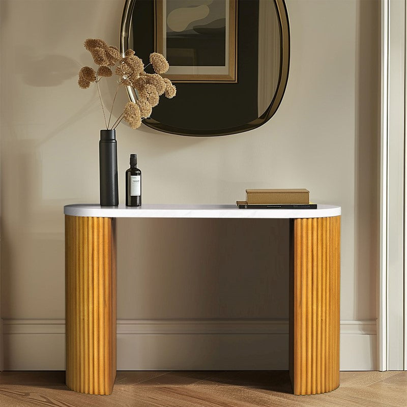 Layana Faux White Console Table with Reeded Wooden Pillar Legs