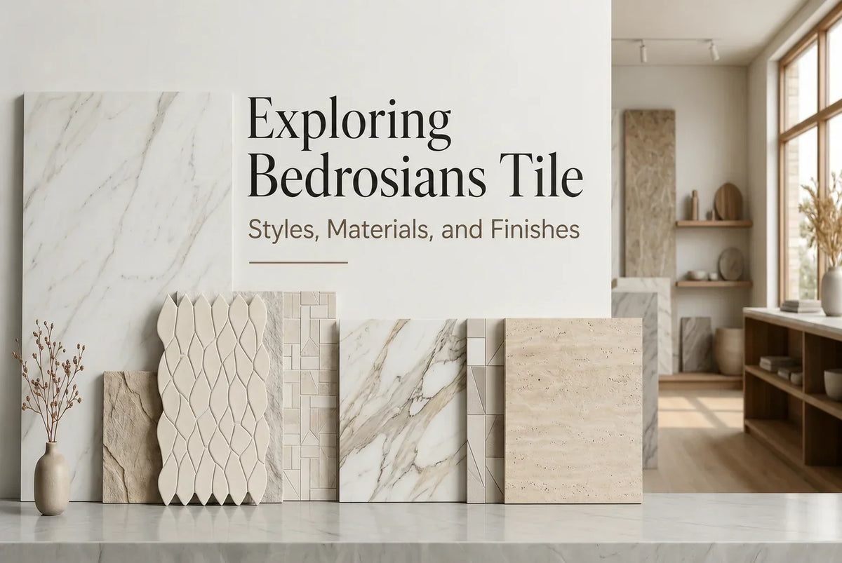 Bedrosians tile samples featuring marble, natural stone, and decorative mosaic designs arranged in a modern interior setting.