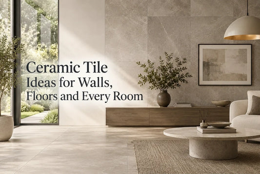 Modern living room featuring large-format ceramic wall and floor tiles in warm neutral tones.