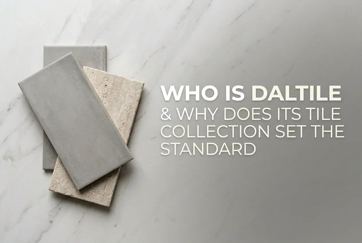 Display of ceramic and stone tile samples on a marble surface, illustrating the Daltile tile collection and modern tile design inspiration.