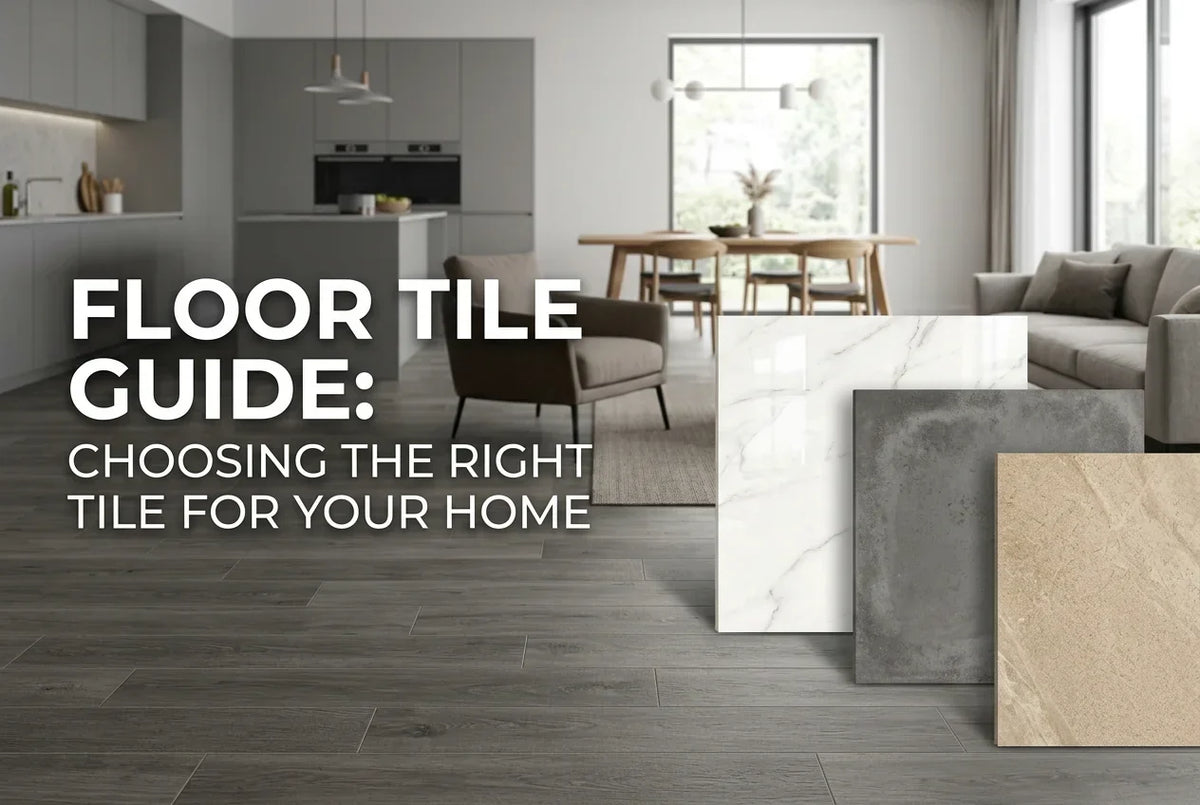 Modern open-concept living room and kitchen featuring large-format floor tile with porcelain, stone-look, and marble-look tile samples for choosing the right flooring.