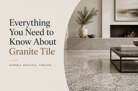 Polished granite tile in a deep, reflective finish, showcasing the natural variation and texture of granite.