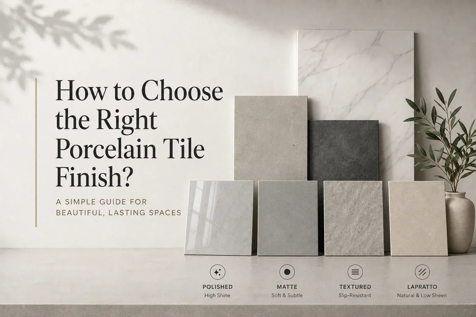 Porcelain tile samples showcasing polished, matte, textured, and lappato finishes in neutral tones.