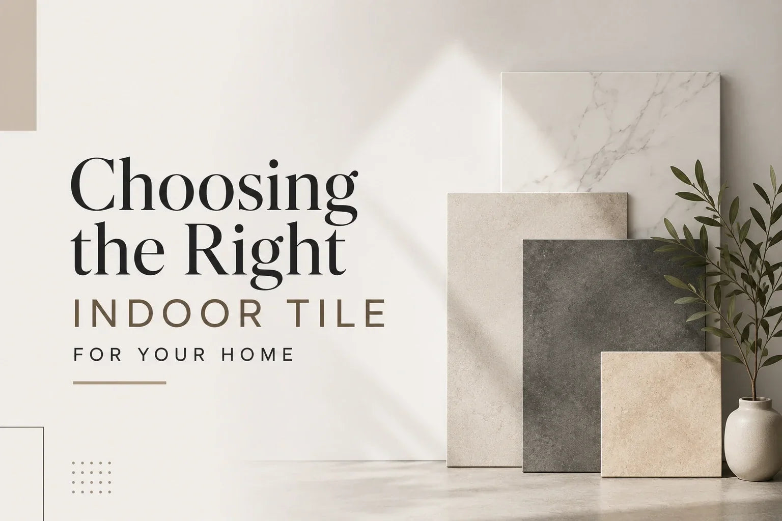 Modern indoor tile display featuring marble, stone, and neutral-toned tile samples arranged in a contemporary interior setting