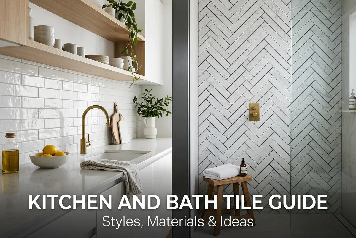 Split image of a modern kitchen with a white subway tile backsplash and a contemporary bathroom with a marble-look herringbone tile shower wall, showcasing kitchen and bath tile design ideas.