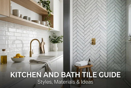 Split image of a modern kitchen with a white subway tile backsplash and a contemporary bathroom with a marble-look herringbone tile shower wall, showcasing kitchen and bath tile design ideas.