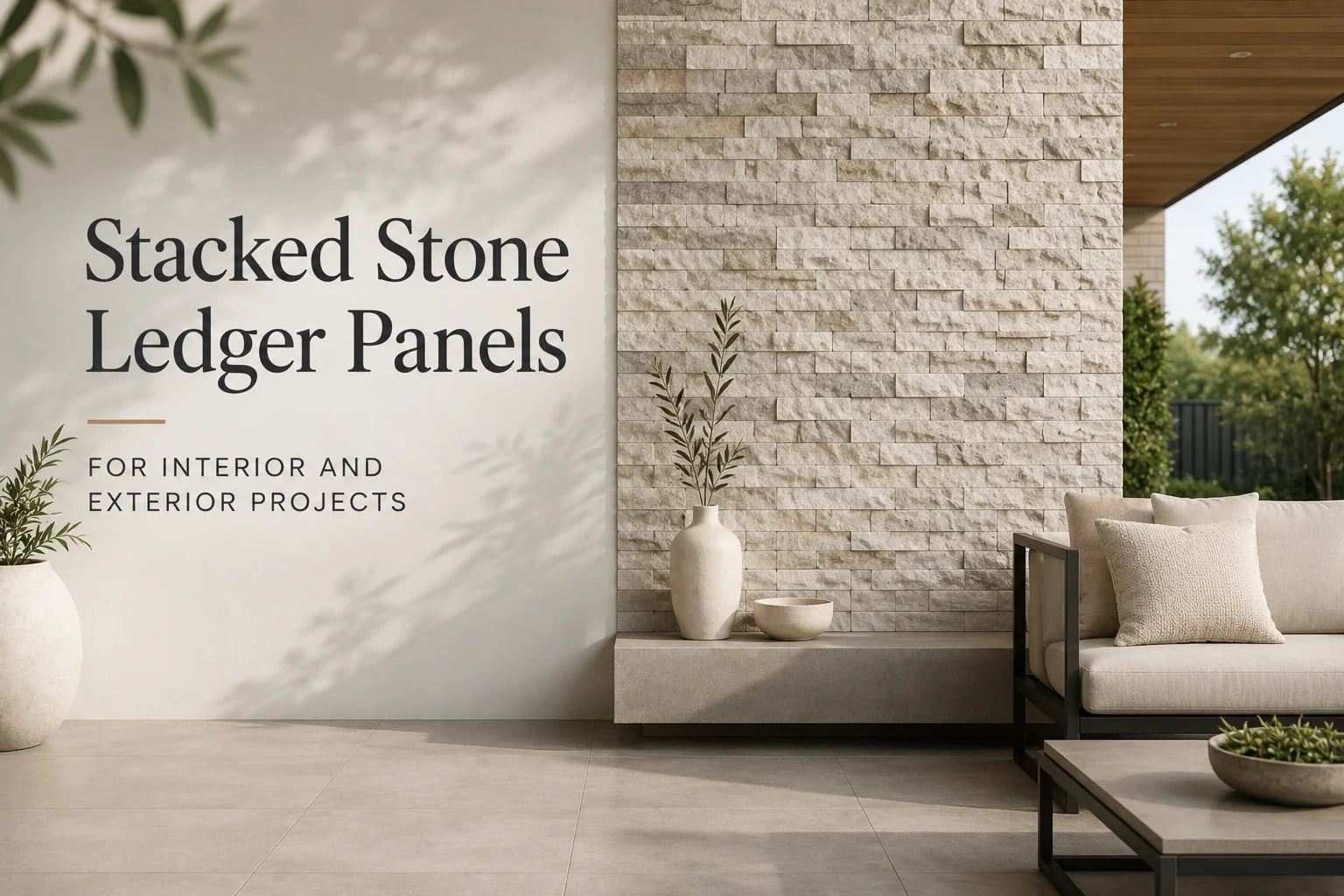 Stacked stone ledger panel accent wall extending from an interior living space to a covered outdoor area.