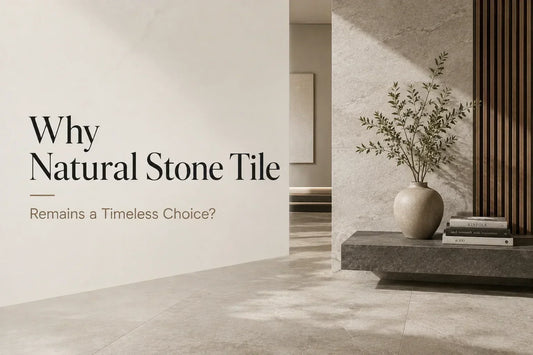 Modern interior featuring natural stone floor and wall tile with warm neutral tones, minimalist décor, and contemporary architectural design.