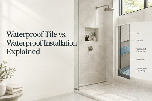 Blog header image titled 'Waterproof Tile vs. Waterproof Installation Explained' featuring a modern marble shower and a cross-section diagram of waterproofing layers.