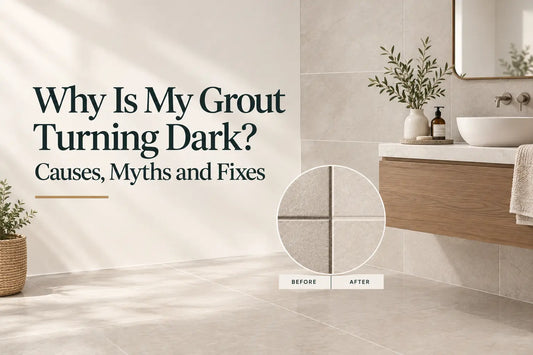 Modern bathroom interior with title text and inset before-and-after close-up showing dark versus clean tile grout lines.  