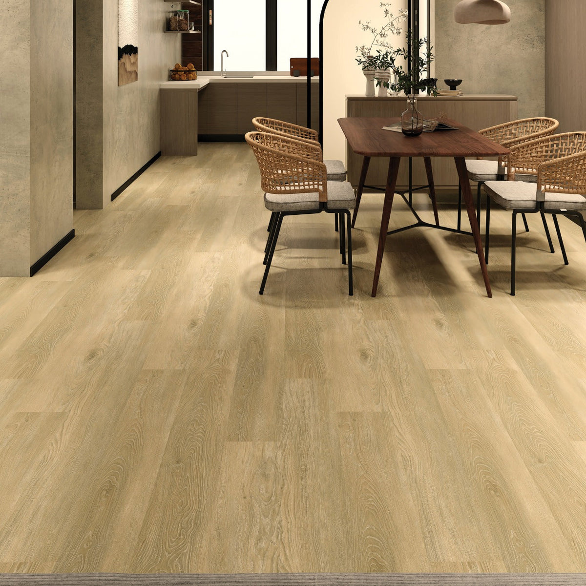 Bedrosians Shorewood luxury vinyl plank in a warm wood tone installed in a bedroom over an area rug.