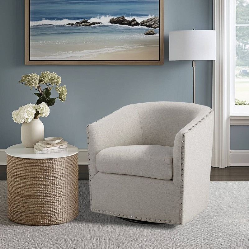 Tyler Upholstered Swivel Barrel Chair with Nailheads