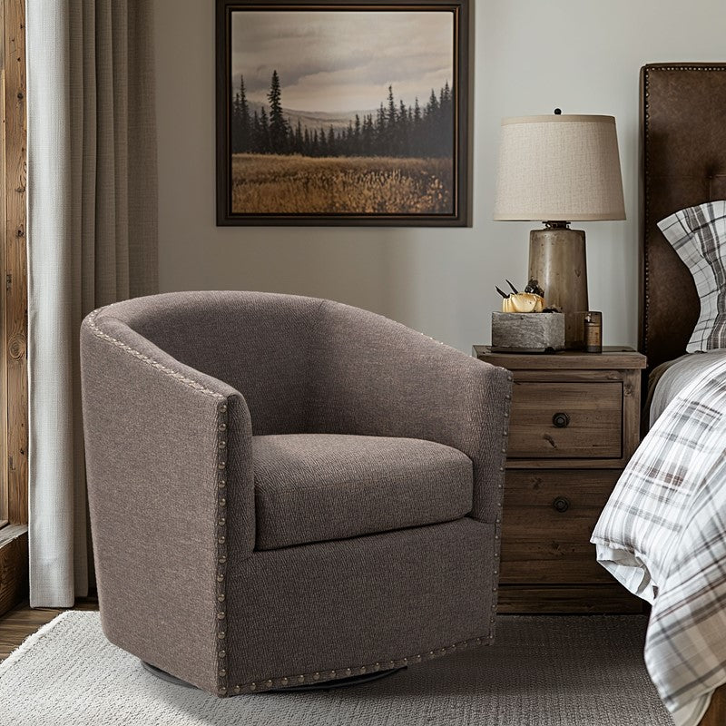 Tyler Upholstered Swivel Barrel Chair with Nailheads