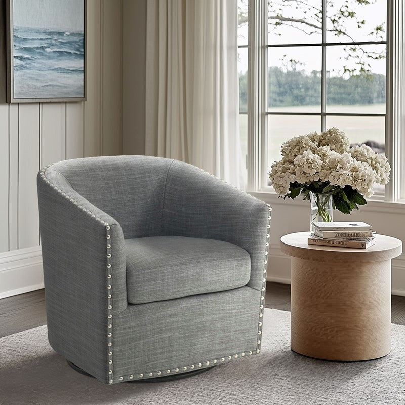 Tyler Upholstered Swivel Barrel Chair with Nailheads