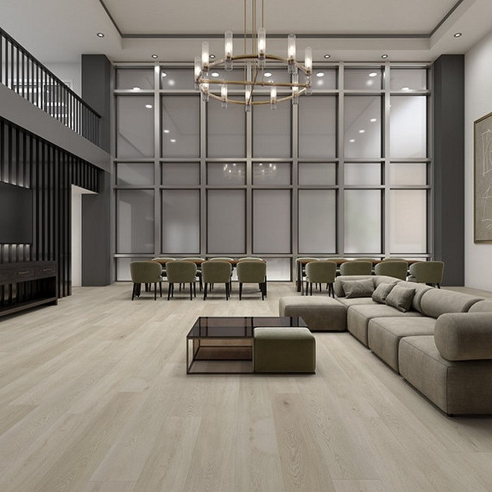 Daltile Asher Bend wide plank rigid core luxury vinyl plank installed in a large living room or kitchen