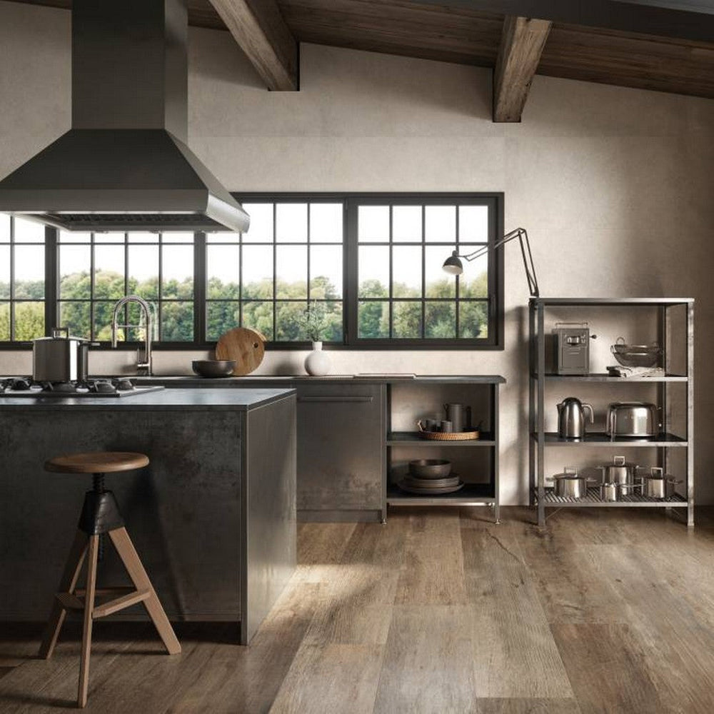 Bedrosians Yorkwood 12x72 rectified matte porcelain wood look tile installed in a contemporary kitchen or open-plan living room