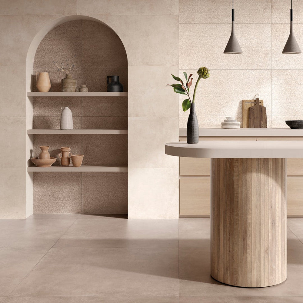 Ottimo Conrad Millerighe rectified matte porcelain deco wall tile installed as a contemporary textured feature wall