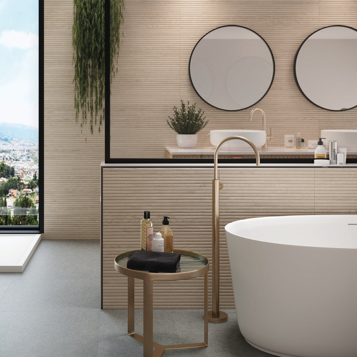 Ottimo Dash 16x48 large format matte ceramic tile in a modern open-plan living space