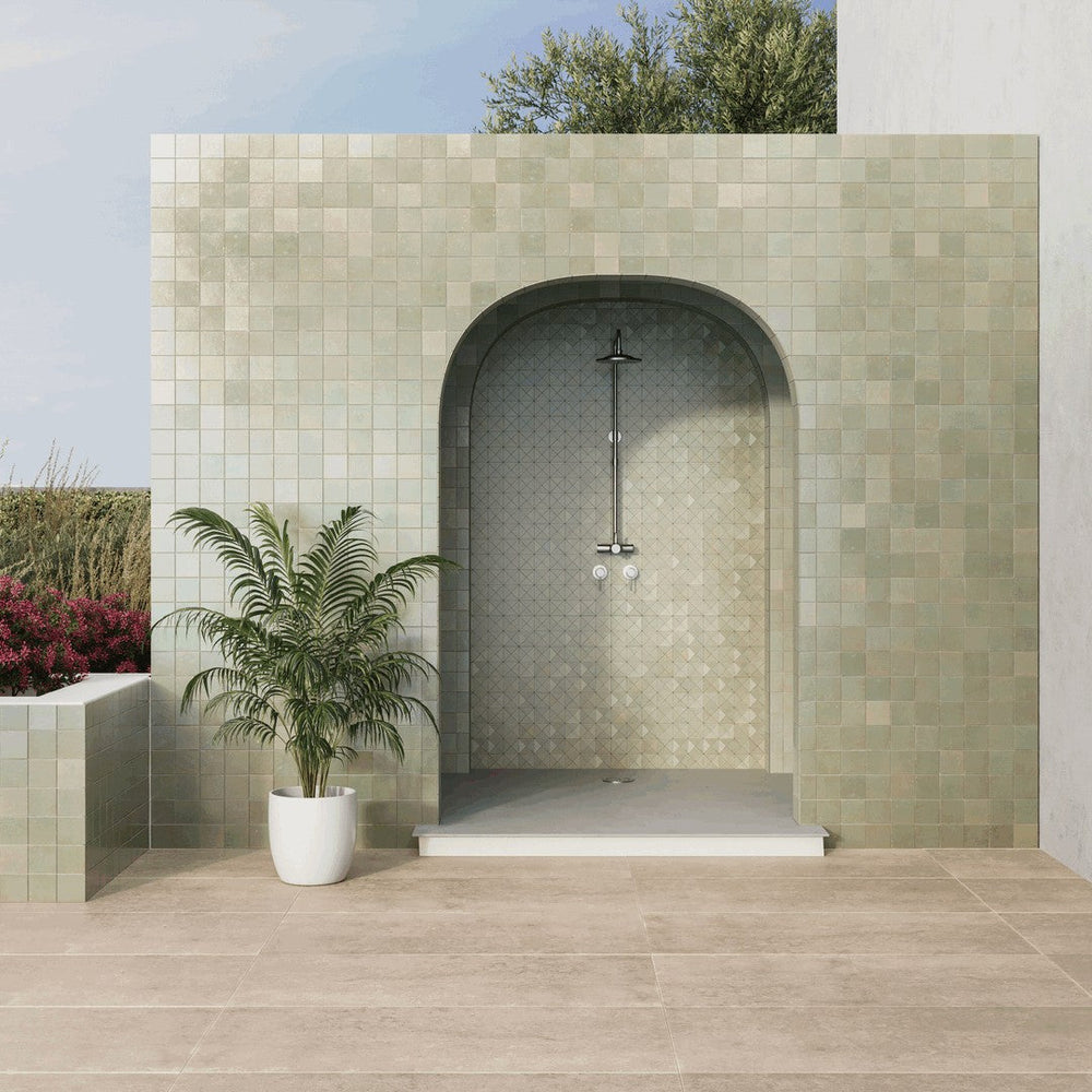 Bedrosians Zagora 4x4 glossy zellige tile — pool waterline accent tile from Flair Decos