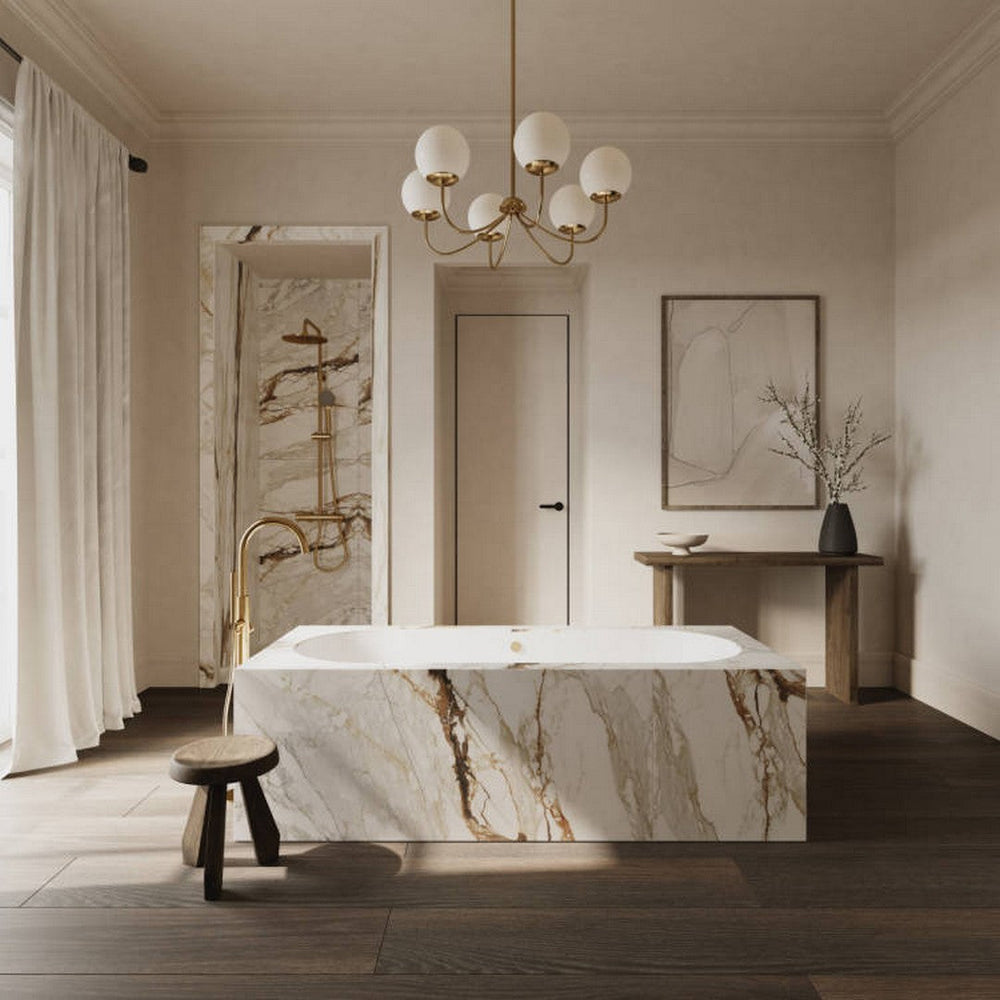 Bedrosians Prati polished porcelain tile installed on a bathroom vanity countertop