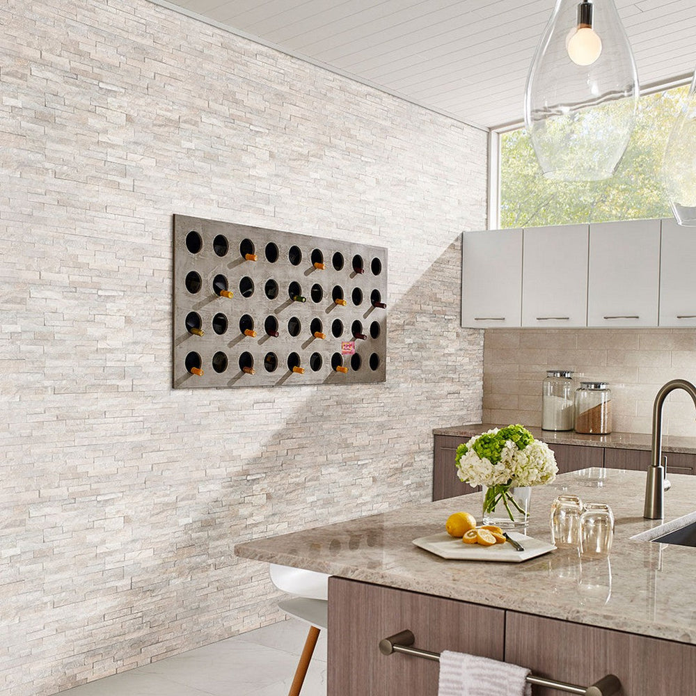 MS International RockMount Arctic White split face marble mini ledgestone panel.