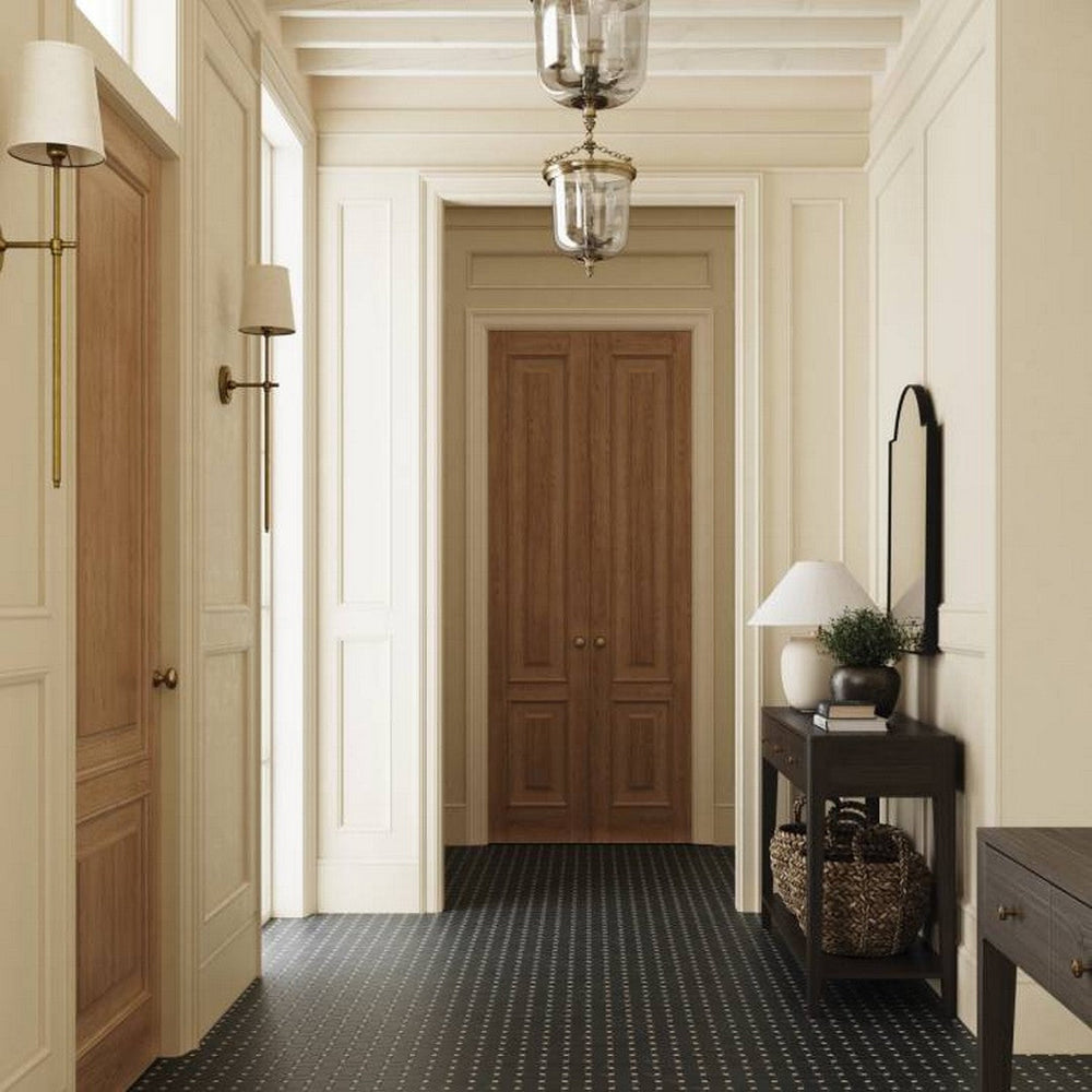 Bedrosians honed marble jumbo basketweave dot mosaic tile from Flair Decos