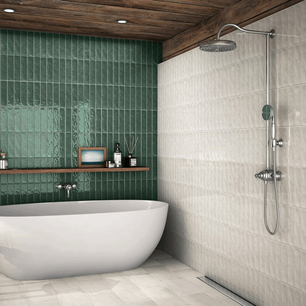 Bedrosians Porcelain Glorious White & Green honed floor tile installed in a primary bathroom