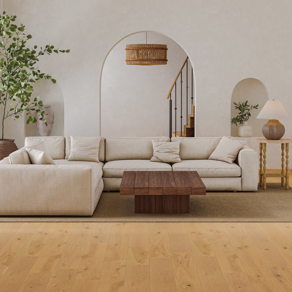Bedrosians Laguna wide plank engineered hardwood installed in a formal living room or dining room
