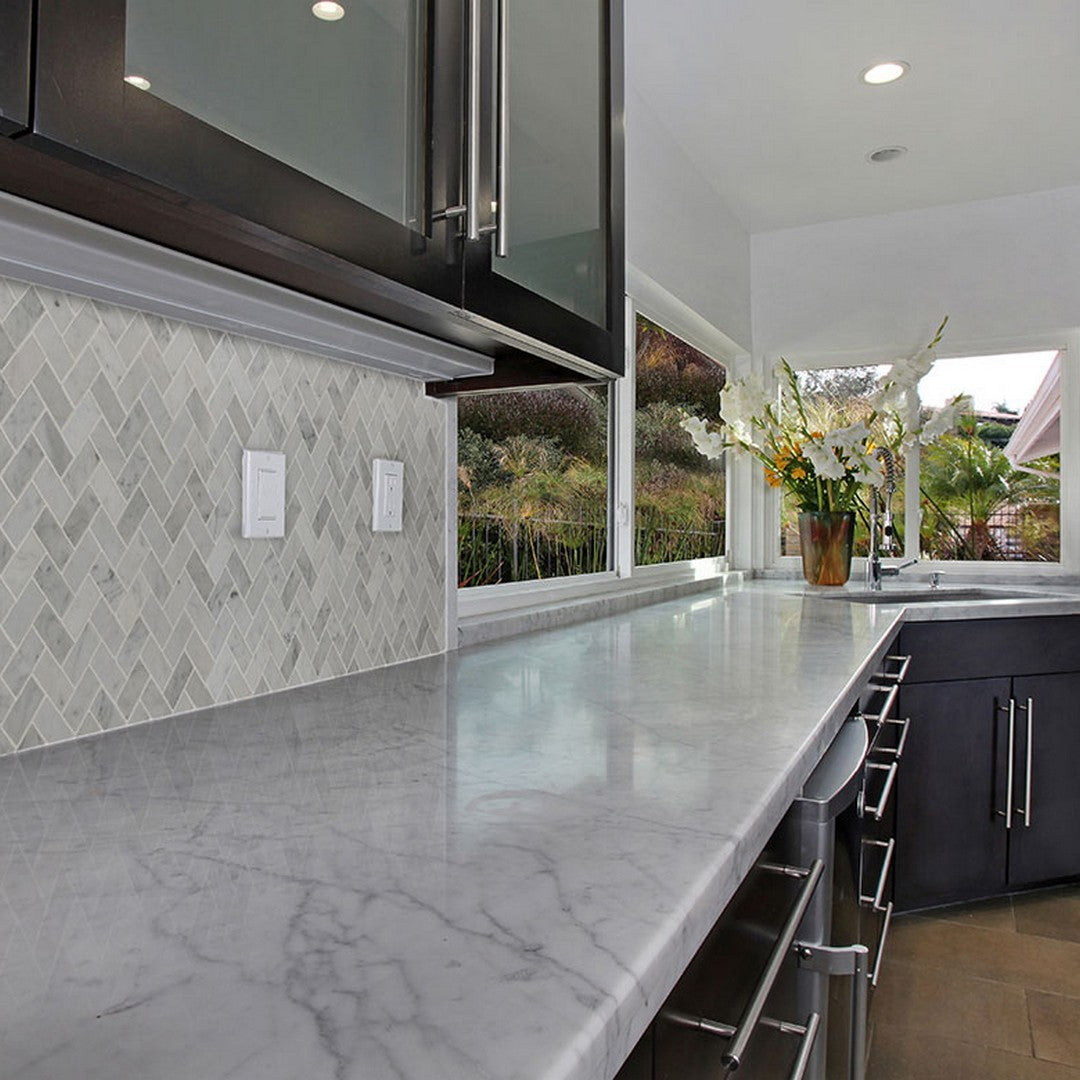 MS International Carrara White 12" x 12" Honed Marble Herringbone 1x2 Mosaic