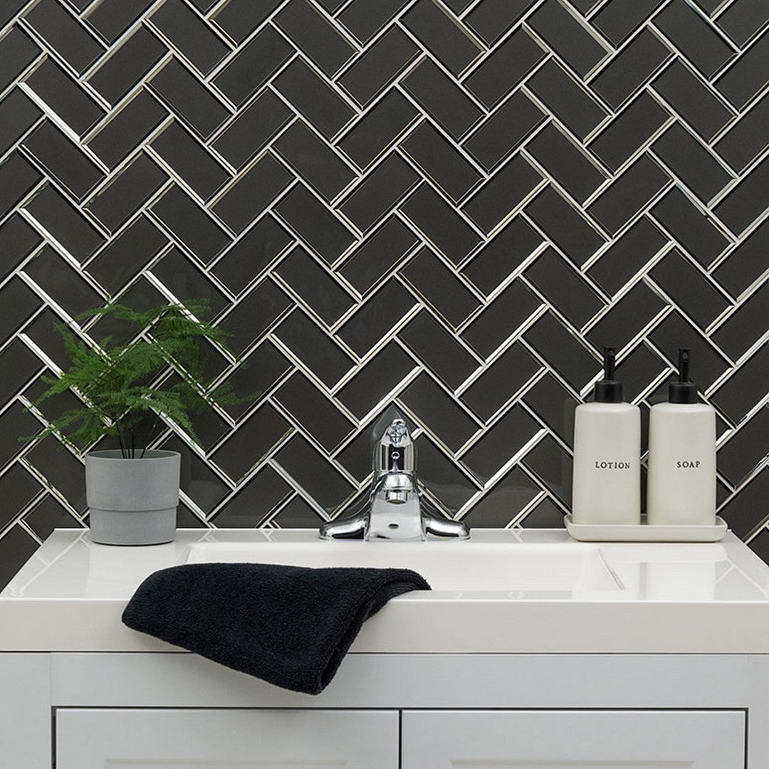 MS International Metallic Gray 11.08" x 13.86" Glossy Glass Herringbone 2x6 Mosaic