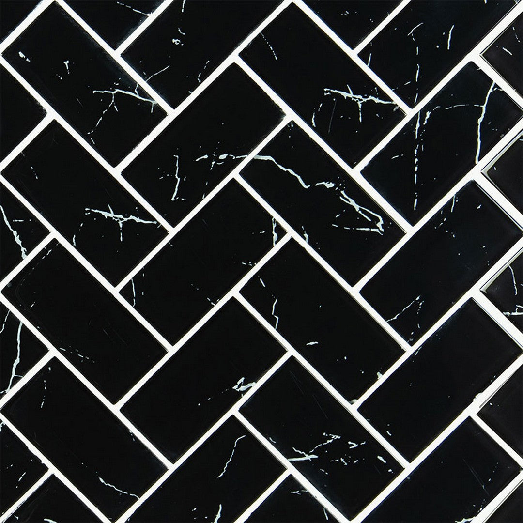 MS International Nero Marquina 11.61" x 11.81" Glossy Glass Herringbone 2x4 Mosaic