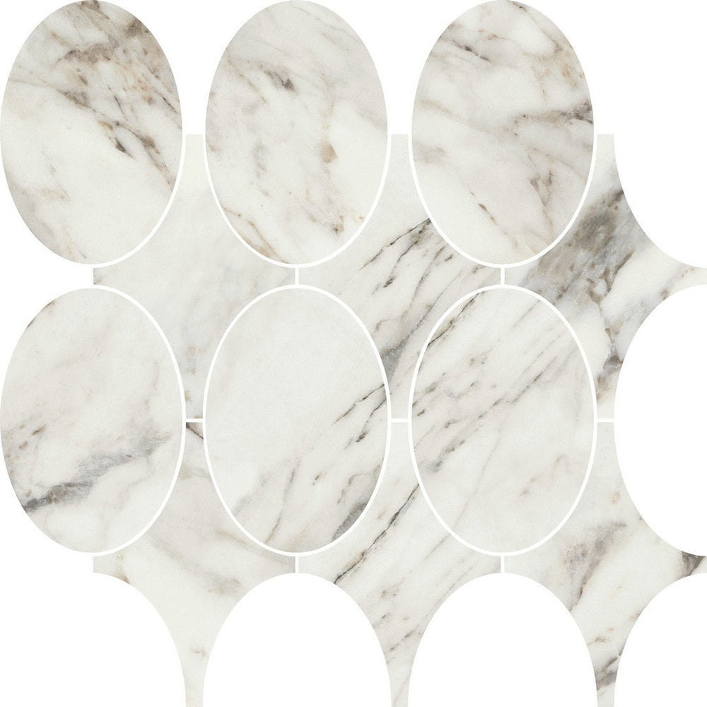 A bright bathroom vanity showcasing a Marazzi Savoir Polished Porcelain Mixed Oval Mosaic backsplash.