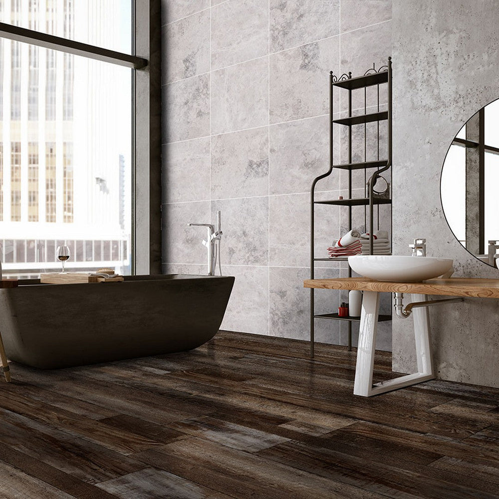 MS International Cyrus rigid core luxury vinyl plank in a warm oak colorway installed in a living room or bedroom