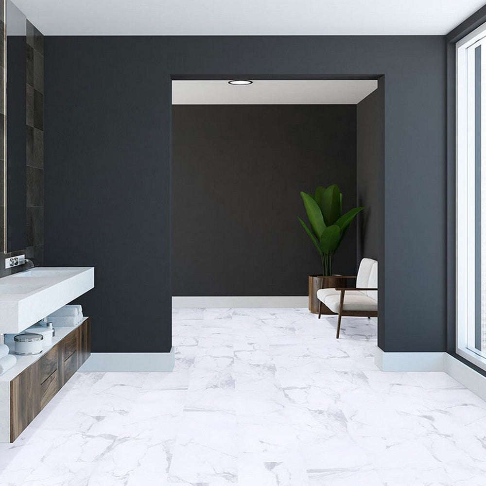 MS International Trecento Calacatta marble-look rigid core luxury vinyl tile installed in a primary bathroom