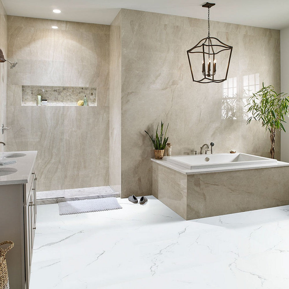 MS International xL Trecento large format marble-look luxury vinyl tile in an open-plan living space
