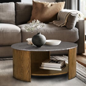 Keegan Round Mixed Material Coffee Table with Shelf