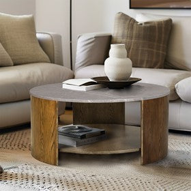 Keegan Round Mixed Material Coffee Table with Shelf