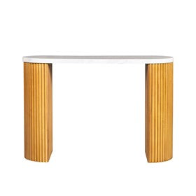 Layana Faux White Marble Console Table with Reeded Wooden Pillar Legs