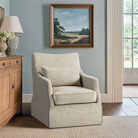 London Upholstered Skirted Swivel Armchair with Lumbar Pillow