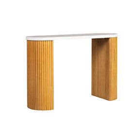 Layana Faux White Marble Console Table with Reeded Wooden Pillar Legs