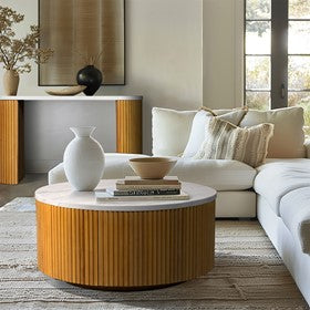 Layana Faux White Marble Console Table with Reeded Wooden Pillar Legs